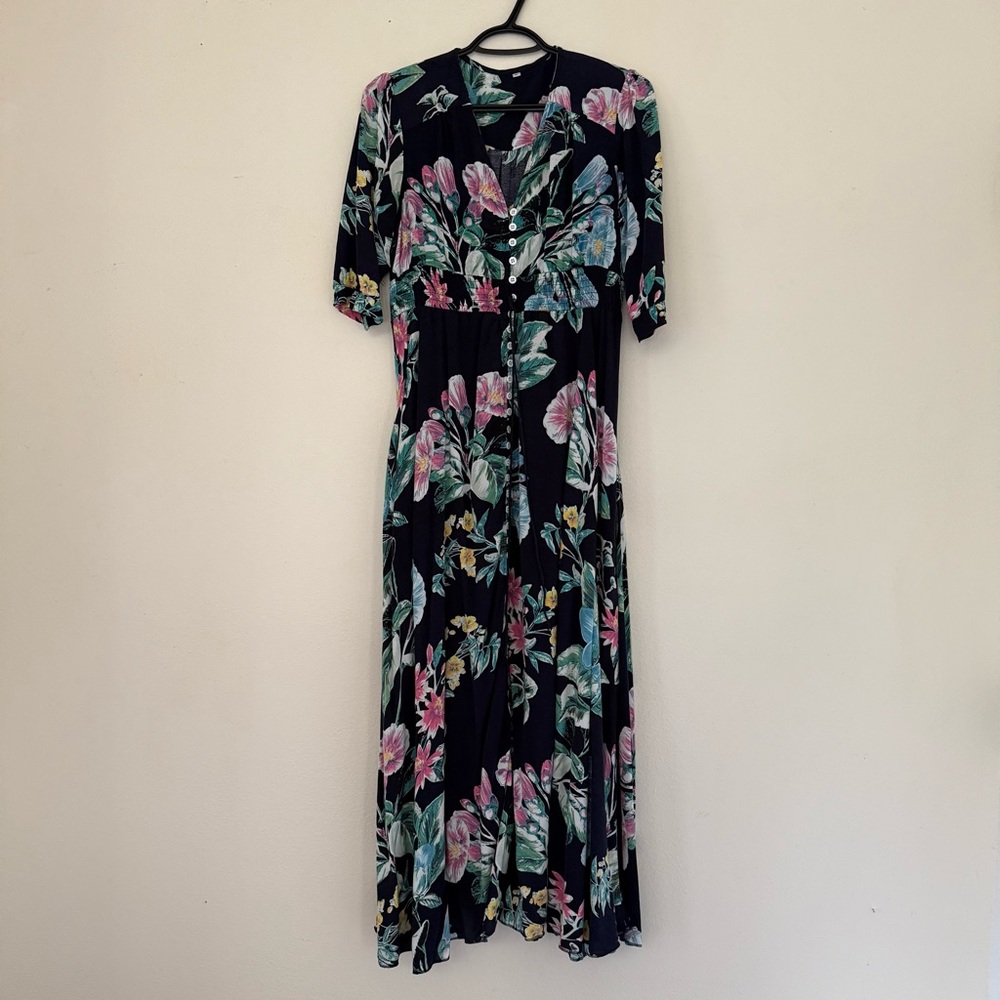 Navy Blue Floral Buttoned Maxi Sundress with V-Neck